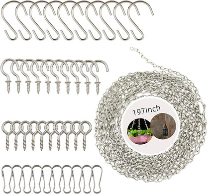 YINGFENG 197 Inch DIY Silver Hanging Basket Chains, Adjustable Length, Decorative Metal Chain with Hooks for Hanging Bird Feeders, Planters, Ornaments