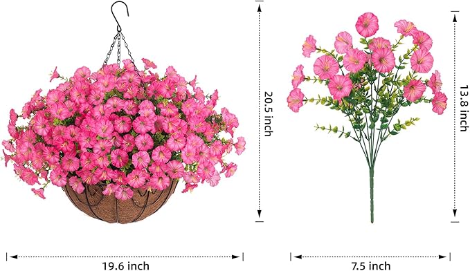 Artificial Faux Hanging Flowers Plants Baskets for Outdoors, Fake Silk Morning Glory in Planter UV Resistant Realistic Artificial Flower for Outside Porch Patio Balcony Garden Yard Home Decor