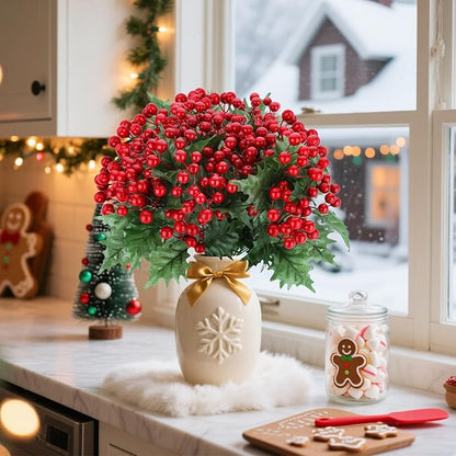 4 Bundles Artificial Christmas Flowers with Red Berry Stems, Fake Norfolk Pine Garland Branches for Winter Decor, Faux Christmas Garland Tree Picks and DIY Crafts (Green Foliage)