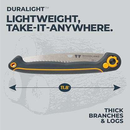 Woodland Tools Duralight Folding Saw – Curved Pruning Saw with Hardened Steel Blade, 3-Position Lock, Soft Grip Handle – Manual Tool for Tree Trimming, Branch Cutting, and Yard Work