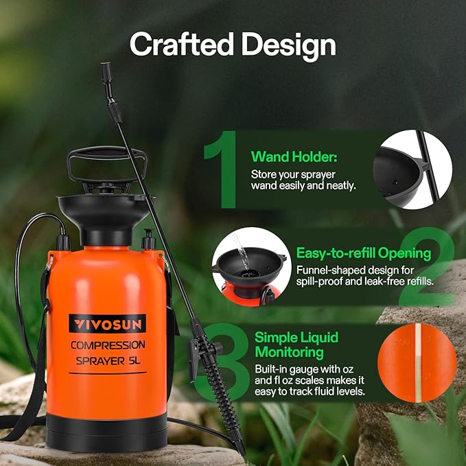 VIVOSUN 1.35-Gallon Pump Pressure Sprayer, Pressurized Lawn & Garden Water Spray Bottle with Adjustable Shoulder Strap, for Spraying Plants, Garden Watering and Household Cleaning