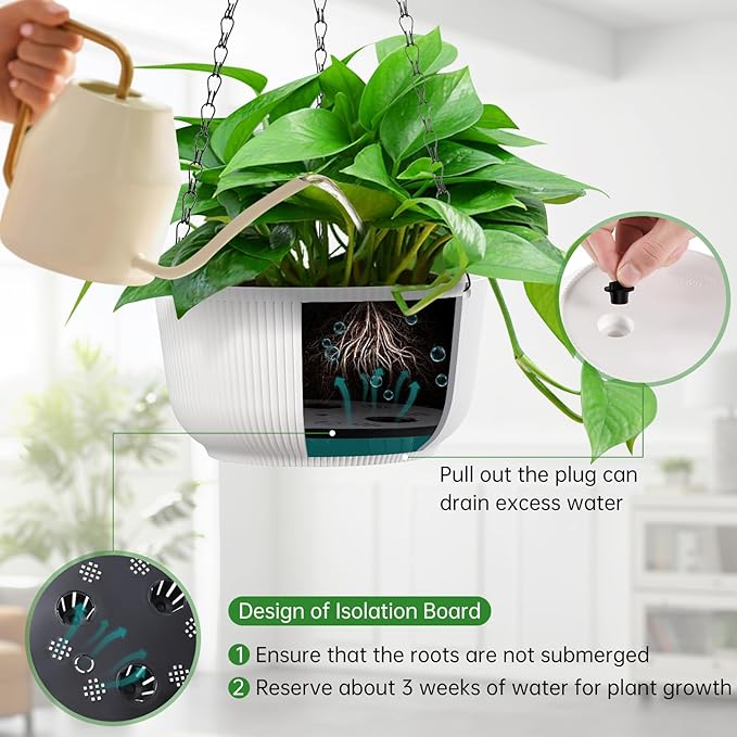 Set of 2 White 10 Inch Hanging Planters for Indoor Outdoor Plants, Self Watering Hanging Flower Pots with Drainage Hole & Plug
