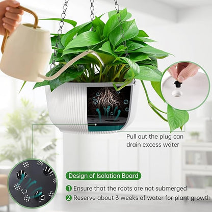 Set of 2 White 10 Inch Hanging Planters for Indoor Outdoor Plants, Self Watering Hanging Flower Pots with Drainage Hole & Plug