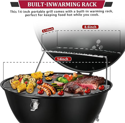 14inch Portable Charcoal Grill with Warming Rack, Small bbq Charcoal Grill Tabletop Foldable Grills for Backyard, Camping, Black