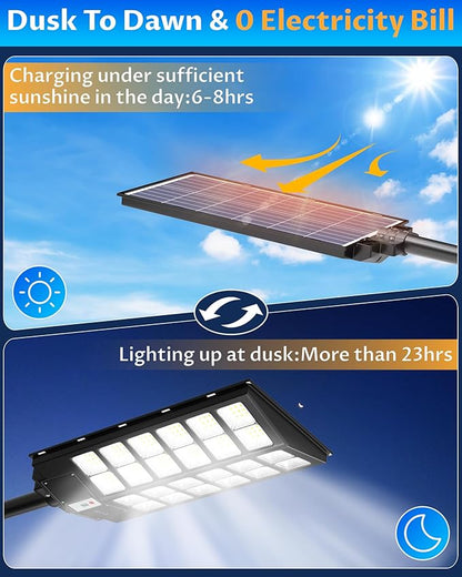 Gefolly SL-9800W Solar Street Lights Outdoor, 860000LM Commercial Parking Lot Light, 6500K Dusk to Dawn IP67 Security Flood Lights Motion Sensor Led Lamp for Basketball Court, Road, Yard