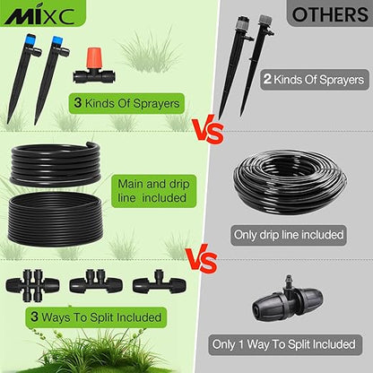 MIXC Greenhouse Micro Drip Irrigation Kit Automatic Irrigation System Patio Misting Plant Watering System with 1/4 inch 1/2 inch Irrigation Tubing Hose Adjustable Nozzle Emitters Barbed Fittings