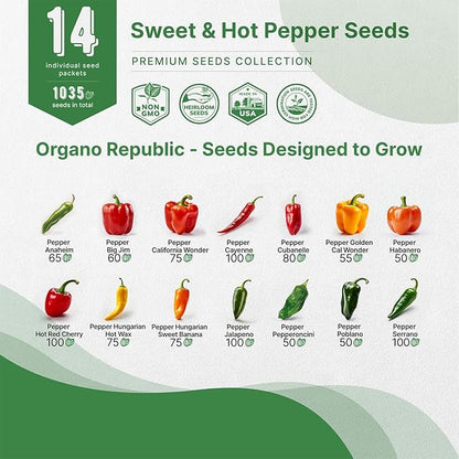 Organo Republic 14 Sweet & Hot Peppers Seeds Variety Pack - 1,030+ Non-GMO Heirloom Pepper Seeds for Outdoor and Indoor Home Gardening, Including Pepper Cayenne, Habanero, Jalapeno, Poblano, Serrano
