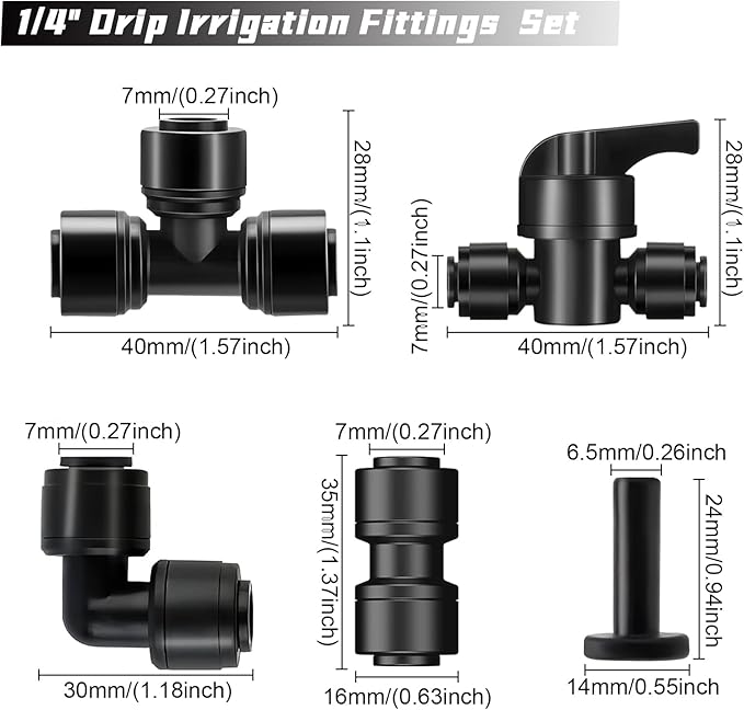 45 Pack Quick Connect 1/4" Drip Tubing Irrigation Fittings Kit Universal 1/4'' Drip Irrigation Tubing Connectors Leak Free Fitting Set Includes 10 Tee 10 Coupling 10 Elbow 10 End Cap 5 Shut Off Valve
