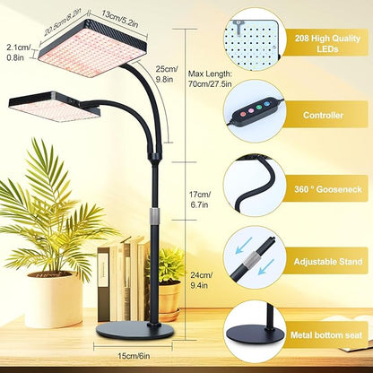 FECiDA 2-Head 50W Desk Grow Light, Tabletop Grow Lights for Indoor Plants Full Spectrum, 4/8/12/16/20 Hr Timer Bonsai Houseplants Grow Lamp, 16"-24" Height Adjustable