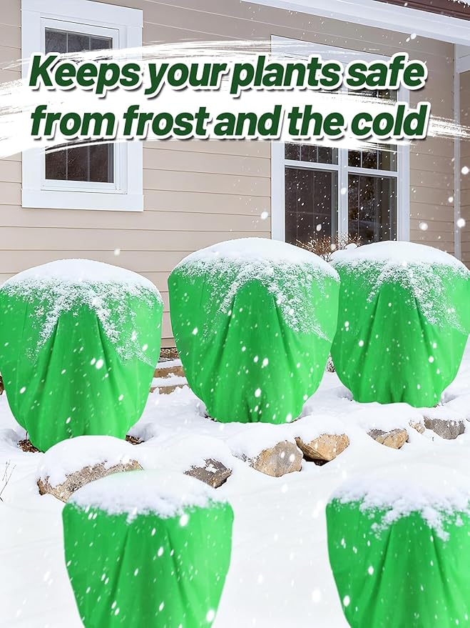 ANPHSIN 12 Pcs 39.3in x 39.3in Plant Covers Freeze Protection - Winter Shrub Plant Protection Bags, Frost Blankets Cloths with Drawstring for Outdoor Garden Potted Plants, Green