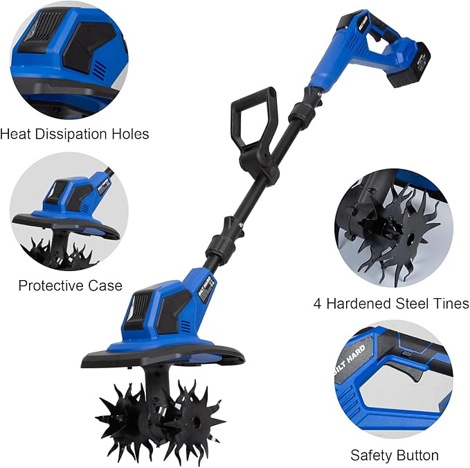 BILT HARD 20V Cordless Tiller Cultivator, 8-inch Wide Battery Powered Garden Cultivator, 300RPM Electric Tiller for Lawn, Gardening, Soil Cultivation (4.0AH Battery and Charger Included)