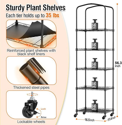 Mini Indoor Greenhouse with Grow Light & PVC Cover Portable Small Greenhouse with Shelves Adjustable 5 Tier Metal Plant Stand with Grow Light for Indoor Plants, Seed Starting,16.5"x11.4"x56.3"