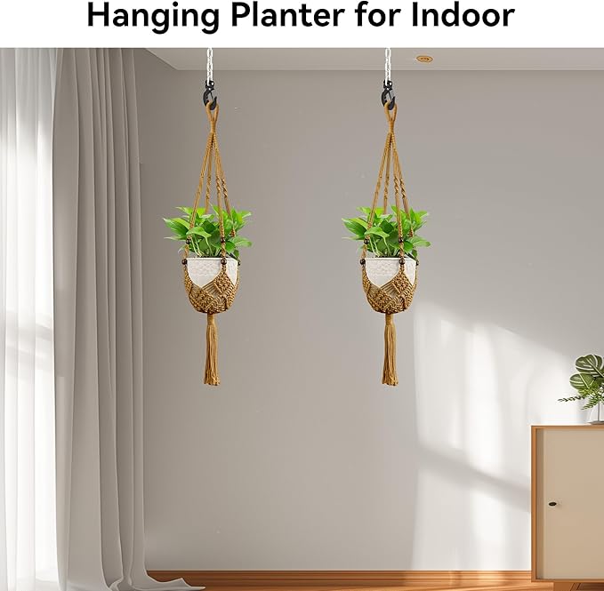 USLAI Macrame Plant Hanger for Indoor Outdoor, Up to 3-6.5 inch Pot, Hanging Planter Flower Pot Holder with Beads and Tassels, Boho Home Decor, 2-Pack, Brown
