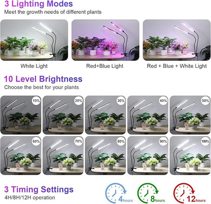 Indoor Clip-on Plant Growth Light, Full Spectrum Grow Light with 156 LEDs, Flexible Gooseneck and 4/8/12H Timer, 3 Spectral Modes, 10 Levels of Dimming, Suitable for Seedlings and Succulent Seeds