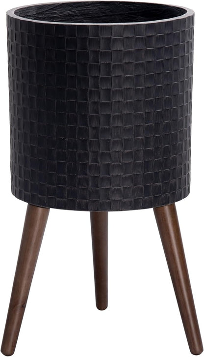 D'vine Dev 12 Inch Modern Geometric Tile Patterned Sleek Planter Pot with Stand, Indoor Outdoor Decorative Plant Holder, Distressed Black, 88-Z-C-5