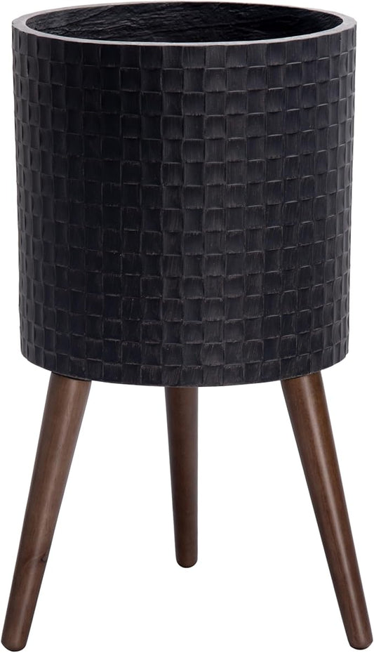 D'vine Dev 12 Inch Modern Geometric Tile Patterned Sleek Planter Pot with Stand, Indoor Outdoor Decorative Plant Holder, Distressed Black, 88-Z-C-5