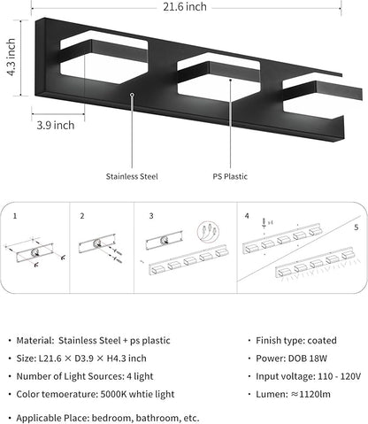 Bathroom Lighting Fixtures Over Mirror, 3 Light Bathroom Vanity Light Fixtures with Cool White 5000K, Matte Black LED Modern Vanity Wall Lights for Bath, Dressing Room, Restroom, 21.6 inch