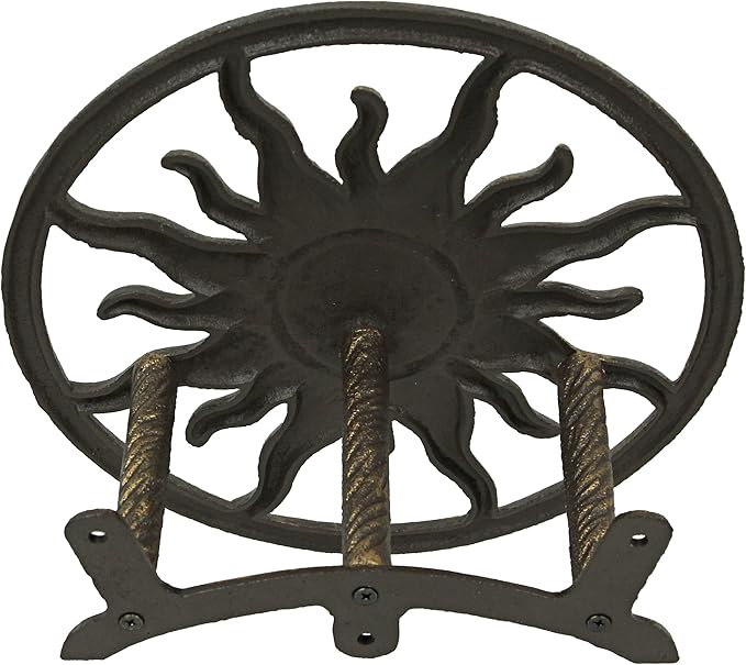 Bronze Finish Cast Iron Sun Wall Mounted Hanging Garden Hose Hanger Celestial Outdoor Decor - Weather Resistant - Easy Install Hose Holder - 11.5 Inches in Diameter