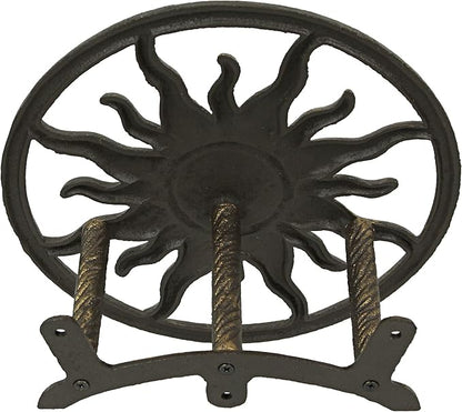 Bronze Finish Cast Iron Sun Wall Mounted Hanging Garden Hose Hanger Celestial Outdoor Decor - Weather Resistant - Easy Install Hose Holder - 11.5 Inches in Diameter