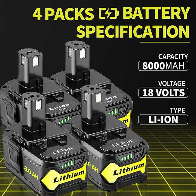4 Pack 8.0Ah High Capacity Replacement for Ryobi 18v Battery P108 P104 P105 P102 P103 P122 P109 Li-ION Compatible with Ryobi 18V ONE+ System Cordless Power Tools and Charger