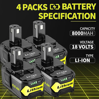 4 Pack 8.0Ah High Capacity Replacement for Ryobi 18v Battery P108 P104 P105 P102 P103 P122 P109 Li-ION Compatible with Ryobi 18V ONE+ System Cordless Power Tools and Charger