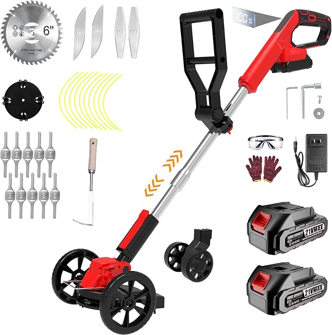Electric Weed Wacker Eater Cordless Grass Trimmer Battery Powered with 2 Battery&25 Pcs Blades, 3 in 1 21V/2.0Ah Lightweight Portable String Trimmers/Edger Lawn Mower/Brush Cutter for Yard Garden