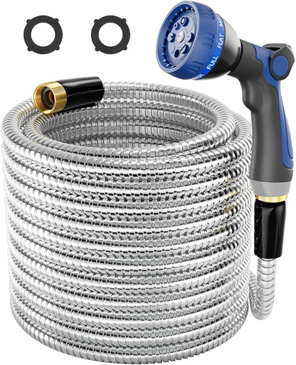 SPECILITE 1/2" 304 Stainless Steel Garden Hose, 50FT Water Pipe with Heavy Duty Metal Nozzle for Yard, Outdoor, Lawn - Flexible, Never Kink & Tangle, Puncture Resistant