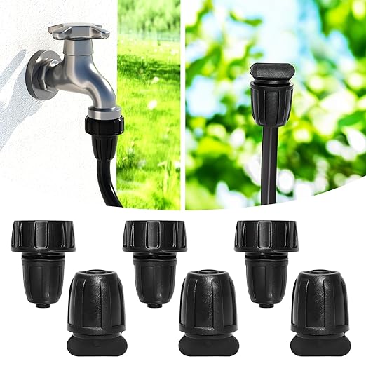 Bonviee Drip Irrigation Parts for 5/16" Main Line - (6-Pack) - 3 x PVC Female Hose Thread Non-Swivel Adapter and 3 x Barbed Threaded End Plugs - Drip Irrigation Fittings