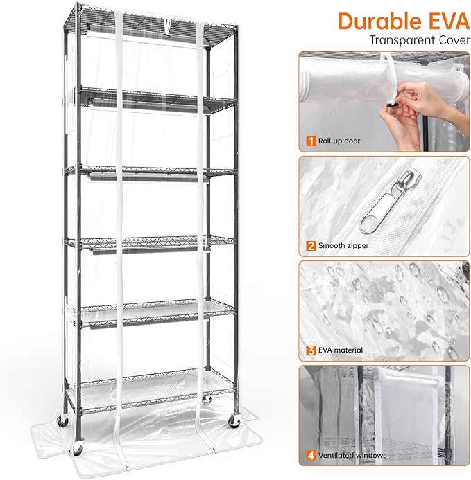 Bstrip Indoor Greenhouse with Grow Light, DIY Plant Shelf with Cover, 6 Tier Plant Stand, 5 Pack 150W Full Spectrum Grow Lights with 3 Color Mode For Indoor Plants, Seed Starting, 29.5"L×13.8"W×71"H