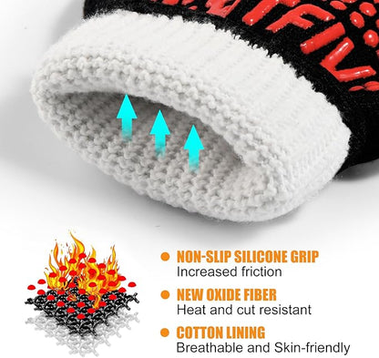 BBQ Gloves, Oven Gloves, 1472°F Extreme Heat Resistant Barbecue Gloves, Silicone Non-Slip Oven Mitts, Kitchen Gloves for Cooking, Grilling, and Baking (Red)