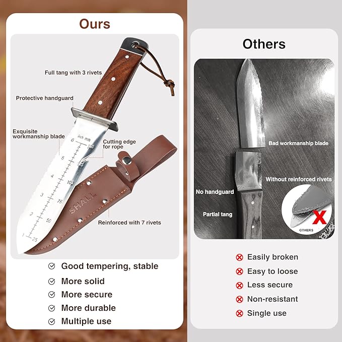 SHALL Hori Hori, Japanese Garden Knife, Soil Knife with Leather Sheath, Rosewood Handle & Hide Rope, 7” Stainless Steel Blade, Rope Cutting Edge, for Digging, Weeding, Planting, Full-Tang