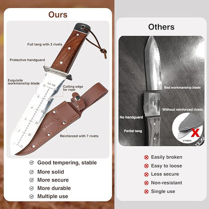 SHALL Hori Hori, Japanese Garden Knife, Soil Knife with Leather Sheath, Rosewood Handle & Hide Rope, 7” Stainless Steel Blade, Rope Cutting Edge, for Digging, Weeding, Planting, Full-Tang