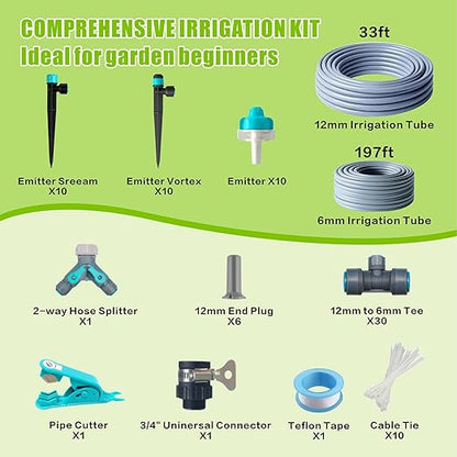 Drip Irrigation System Kit 230FT - Automatic Watering System with Quick Connector, Complete Water Irrigation System for Garden Lawn with 12mm 6mm Irrigation Tubing Adjustable Emitters