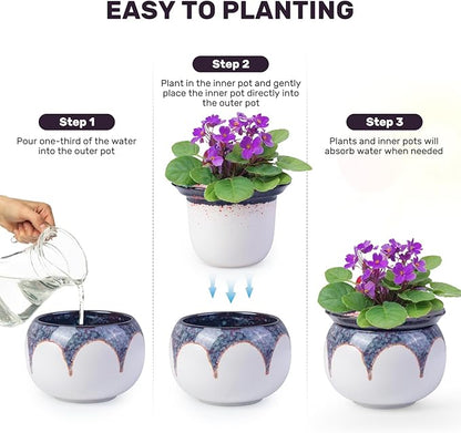 African Violet Pots, 6 Inch Self Watering Pots for Indoor Plants, Ceramic Modern Decor Pots Efficient Absorption Water Plant Pot - Gradient Red (No Plants)