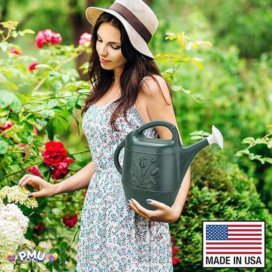 PMU 2 Gallon Watering Can - Garden Watering Can for Indoor & Outdoor Plants - Plastic Water Can with Detachable Sprinkler Head - Large Water Pot, Made in USA - Hunter Green Pkg/1