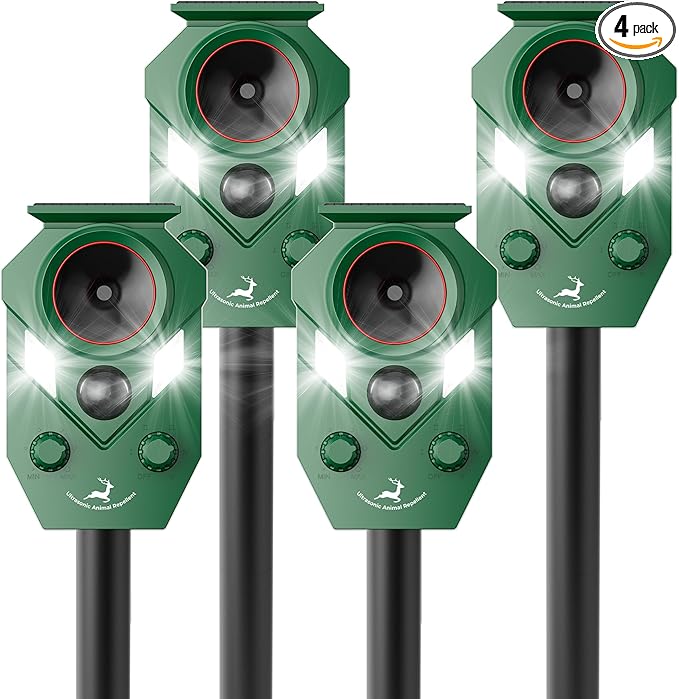 4 Pack of X-PEST Solar-Powered Ultrasonic Animal Repellent for Outdoor Yard, Waterproof Cat Deterrent with LED Flashing Lights and Motion Sensor,Effective to Repel Cats, Coyotes, Raccoons, and Deer