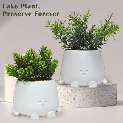White Planters with Artificial Plants Set - 2Pack Smiley Face Plants Pot with Fake Plant, Faux Succulent Plant Pots for Bathroom/Kitchen/Sill/Office Home Decor, Gifts for Mom/Women