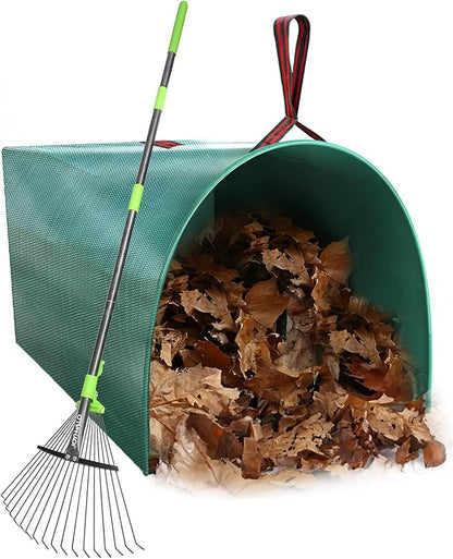Joyhalo 63.4 Inch Rake for Leaves with 40 Gallon Dustpan-Typ Leaf Bags, Adjustable 18 Tines Metal Leaf Rake Set for Gardening Lawns Yard Outdoor Camping Shrub Grass Bush Grass Clippings