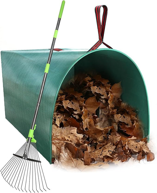Joyhalo 63.4 Inch Rake for Leaves with 40 Gallon Dustpan-Typ Leaf Bags, Adjustable 18 Tines Metal Leaf Rake Set for Gardening Lawns Yard Outdoor Camping Shrub Grass Bush Grass Clippings