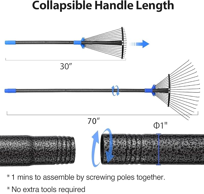 Metal Rake for Leaves Heavy Duty, Adjustable Garden Leaf Rake with Expandable Head 8-17", Shrub Pine Needle Kids Hand Yard Rake Garden Tool 30-70"