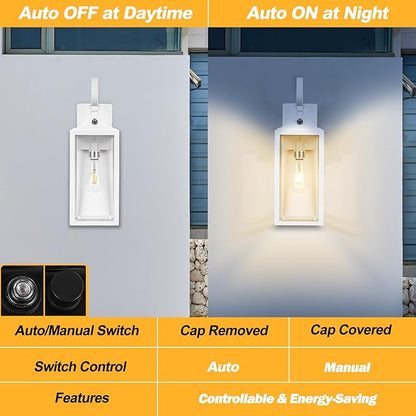 19" Large Dusk to Dawn Outdoor Wall Light, White Outside Farmhouse Wall Sconce, Industrial Wall Mount Light Fixture, Waterproof Modern Porch Lighting Exterior Lamp for House Garage