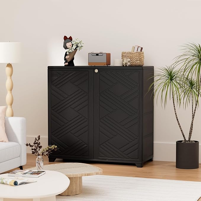 HOMSPARK Indoor/Outdoor Storage Cabinet with Doors, 34”x15”x34” HDPE Plastic Storage Box for Bedroom, Bathroom, Living Room, Balcony, Multi-Purpose for Daily Tools, Black