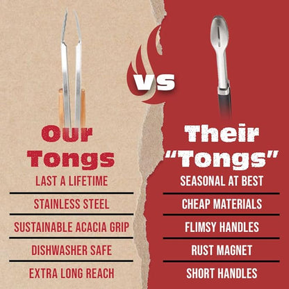 BBQ-AID Pro BBQ Tongs for Grill - 17" Professional Grade Barbecue Tongs for Cooking- Solid & Sturdy - Built with 304 Grade Stainless Steel and Acacia Wood - Heavy Duty Built to Last Kitchen essential.