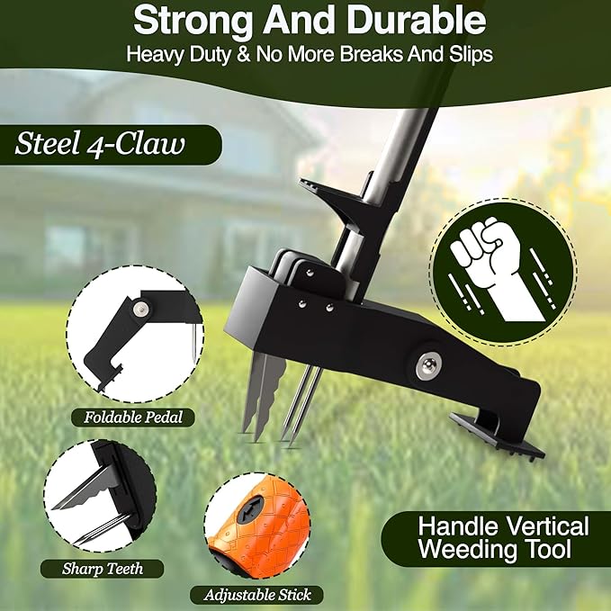Manual Stand Up Weed Puller Tool with Long Handle | Heavy Duty 4-Claw Steel Head Weeder for Root Removal | Ergonomic Weeding Tool for Dandelion, Lawn, Yard & Garden Maintenance