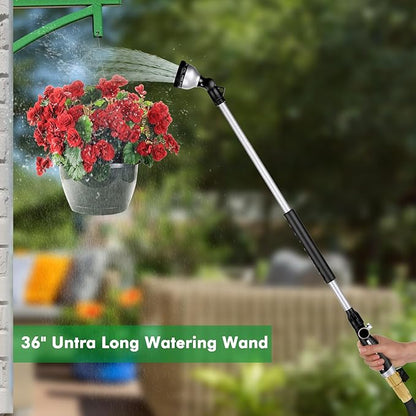 RESTMO 36” Long Watering Wand, Metal Garden Hose Wand with 180° Swivel Head and 10 Spray Patterns, Heavy Duty Hose Nozzle Sprayer with Thumb Flow Control, for Water Hanging Baskets, Shrubs, Silver