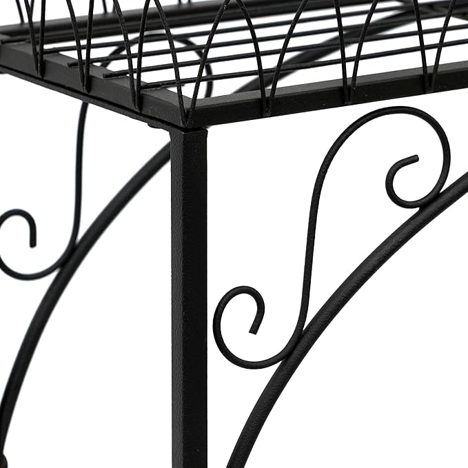 Black Long Double-Layer Plant Shelf, French Courtyard Style Metal Stand for Tall Potted Plants, Sturdy Indoor Outdoor Planter Holder Garden Decor