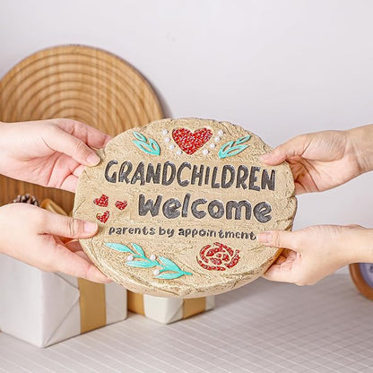 Grandchildren Welcome Stepping Stone - 10 Inch Resin Grandparents Gift, Spring Home Decoration for Lawn