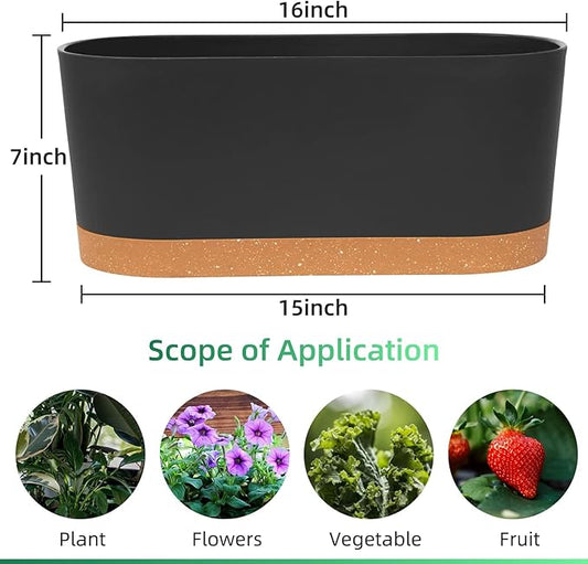 QCQHDU 16" L x 7.6" W x 7" H Window Planter Box, 2 Pack Self Watering Pots for Indoor Plants with Drainage Holes & Saucer, Outdoor Flower Pots Home Garden Modern Decor