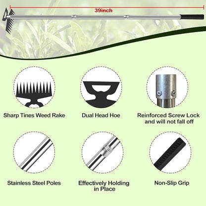 Weed Puller Picker Tool Scuffle Hoe Rake, Hand Tiller Small for Planting, Grass Weeder Dandelion Uprooting Remover, Standing Cultivator for Flower Garden Beds Lawns Yard Weeding and Leveling