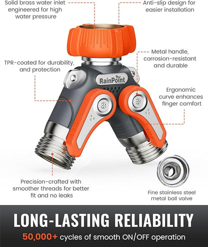 RAINPOINT Garden Hose Splitter, 2 Way Heavy Duty Water Hose Y Spigot Splitter with Shutoff Valves, 100% Metal Body Outdoor Faucet Splitter, 1.9" Extra Long Metal Handle, 3/4" GHT Thread (2, Orange)